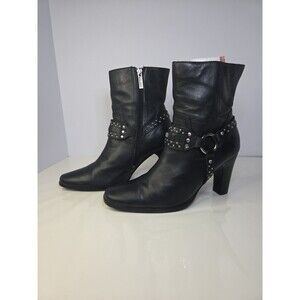Harley Davidson W 7.5 Black Leather Biker Ankle Boot Heel Rhinestones & Beading